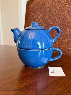 Pier 1 Blue Stoneware Tea for One Stackable 3-Piece Set with Teapot, Lid and Cup